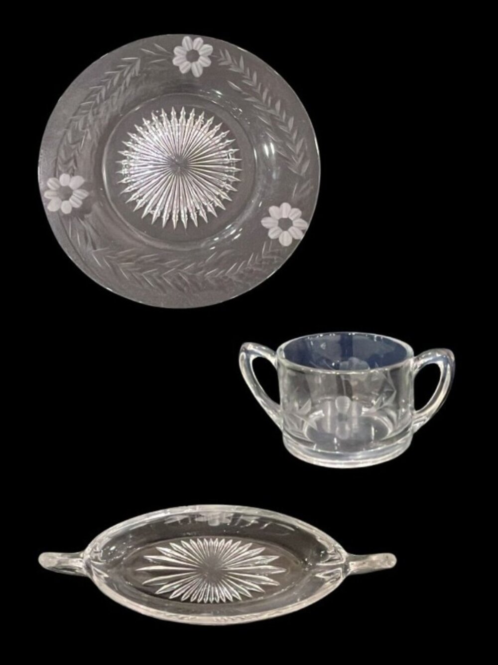 VINTAGE Heisey Intaglio Floral Etched Glass Set - Plate, Small Bowl & Canoe Dish